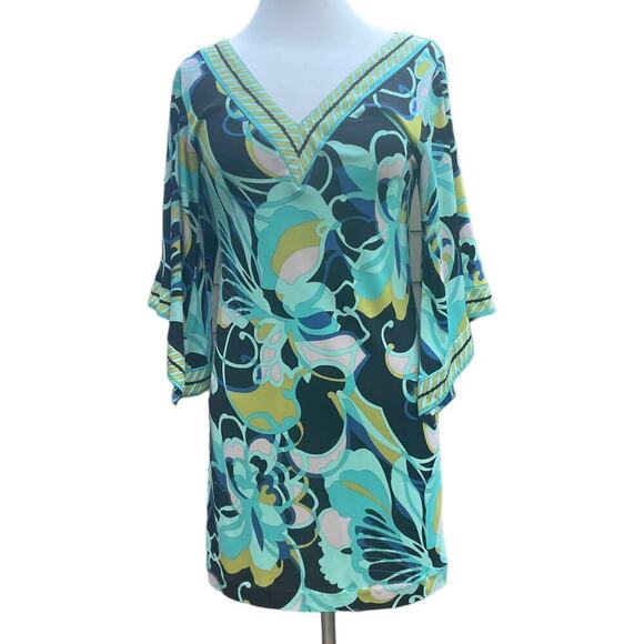TRINA TURK Silk Blue/Green Printed Sheath V-Neck Tunic Dress -Size 2 - Picture 6 of 15